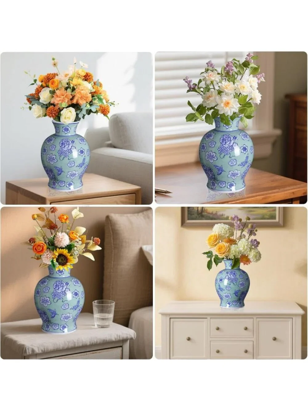 Large Vintage Floral Ceramic Vase - Rustic Chinoiserie Home Décor, Centerpiece